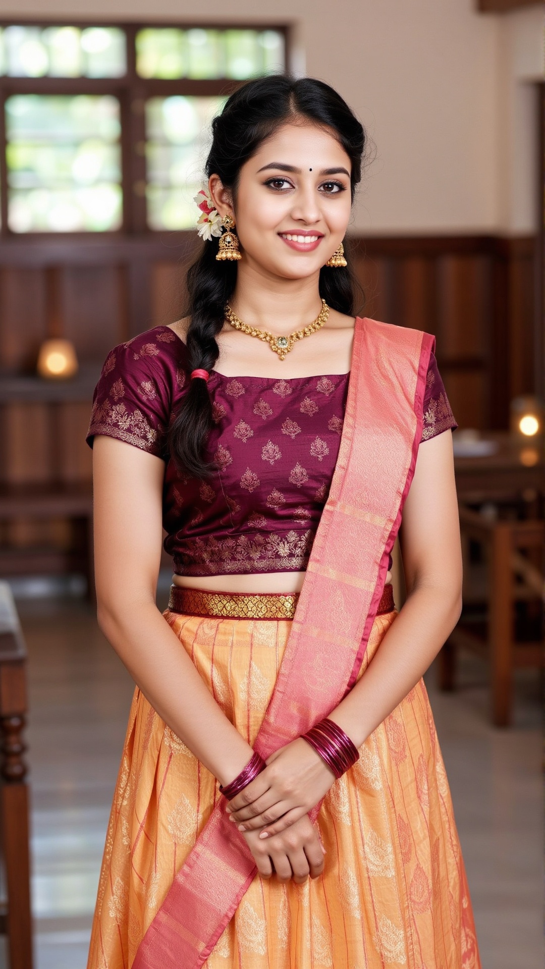 A photorealistic depiction of a traditional Kerala woman wearing a pattu pavadai and blouse during a festive occasion. The...