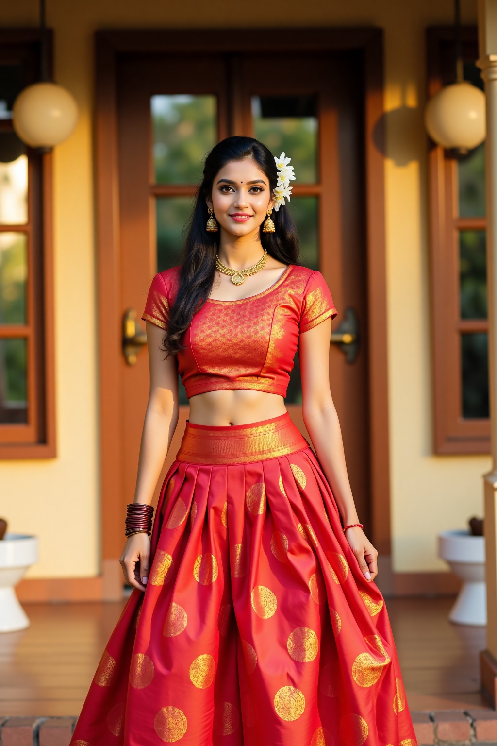 A stunning South Indian woman wearing a traditional pattu pavadai and blouse,  styled for a festive occasion. Her outfit c...