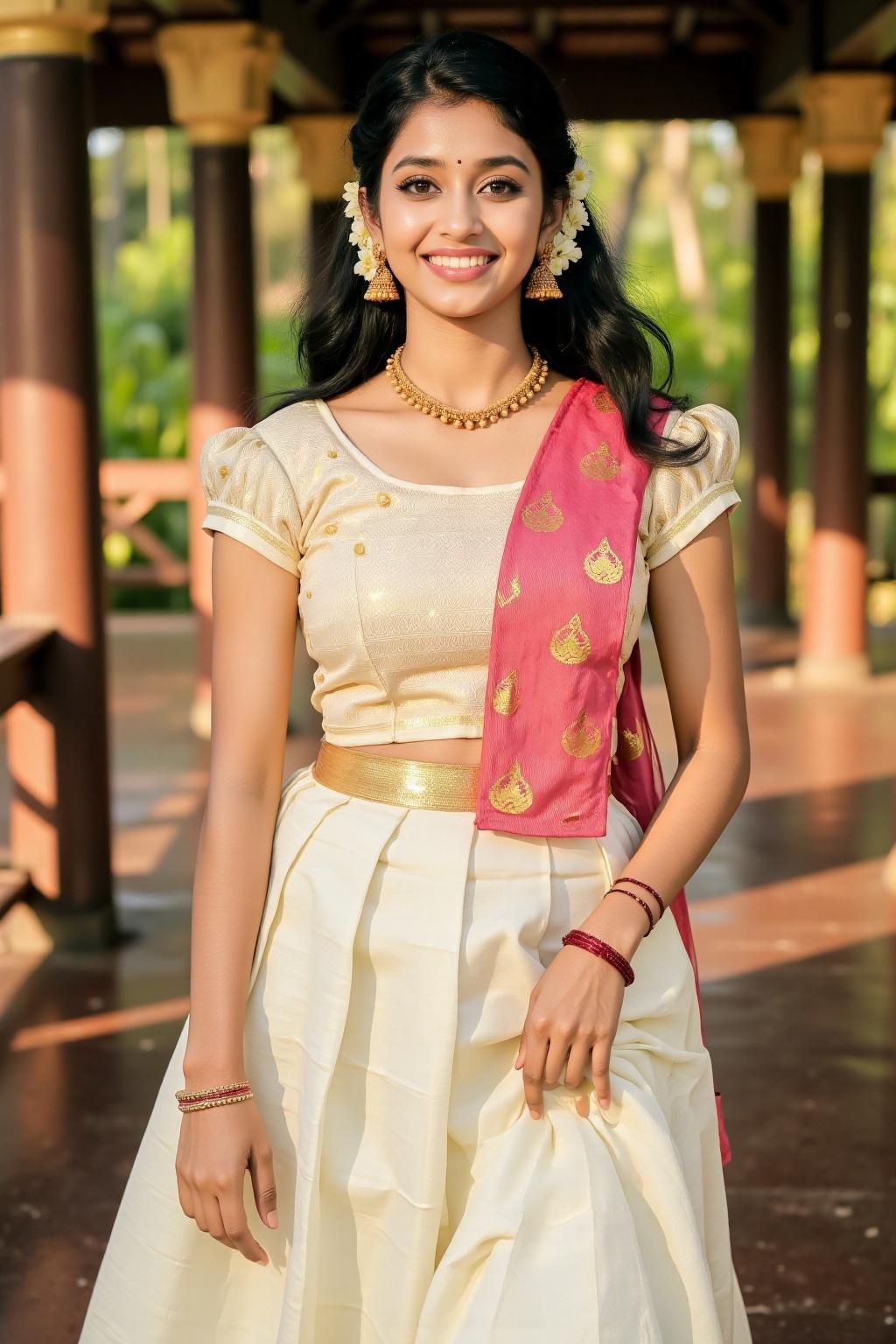 A stunning South Indian woman wearing a traditional pattu pavadai and blouse,  styled for a festive occasion. Her outfit c...