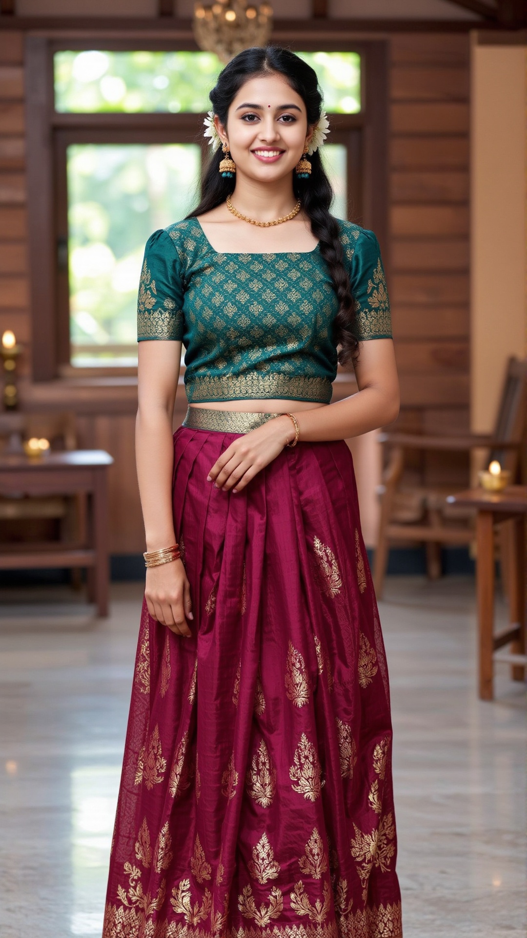 A photorealistic depiction of a traditional Kerala woman wearing a pattu pavadai and blouse during a festive occasion. The...