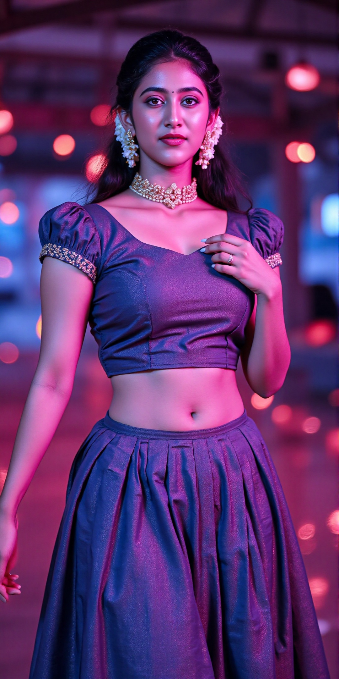 A stunning digital artwork of a 22-year-old Indian actress in a fusion of traditional Kerala pattu pavadai and cyberpunk a...