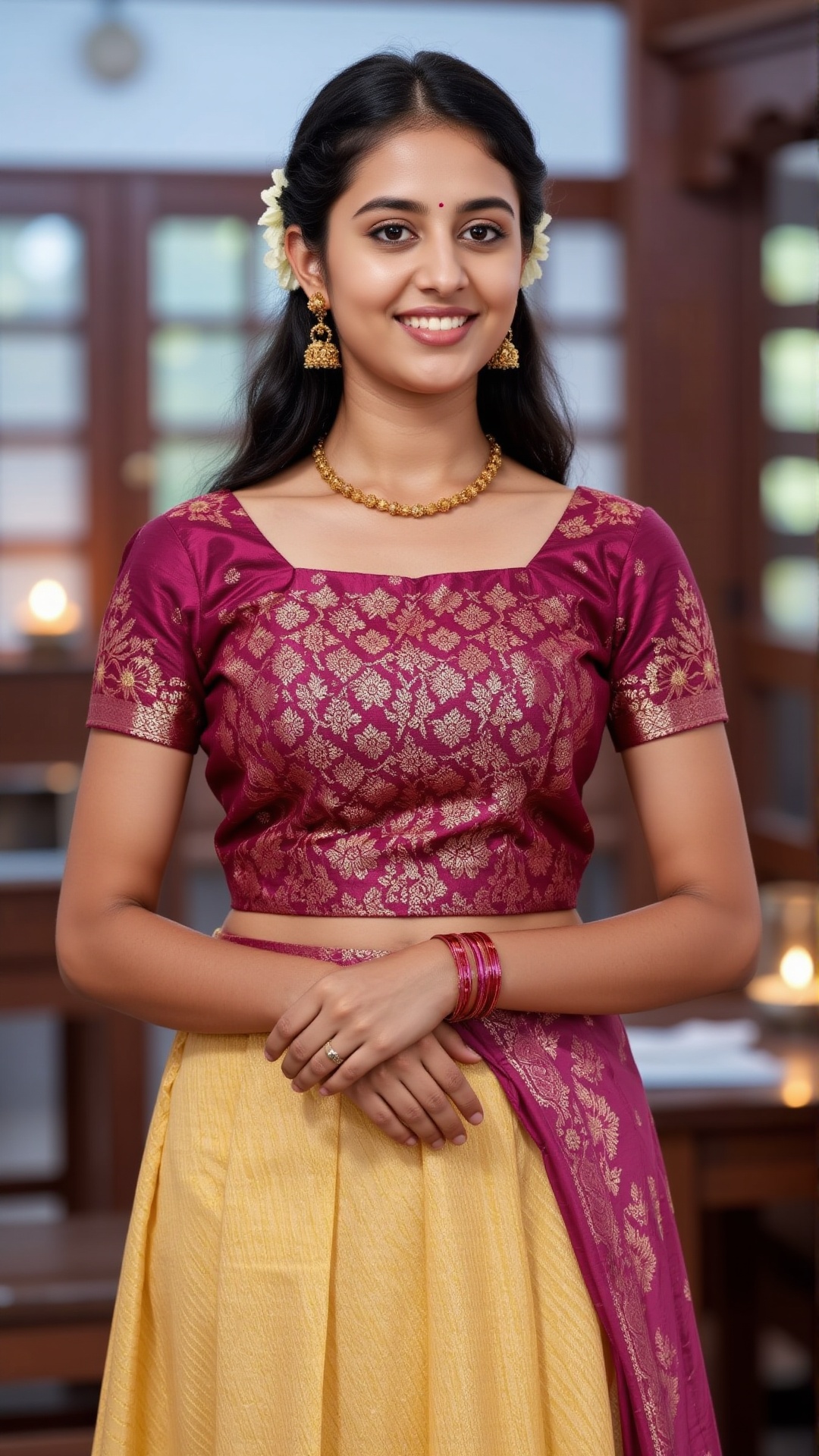 A photorealistic depiction of a traditional Kerala woman wearing a pattu pavadai and blouse during a festive occasion. The...