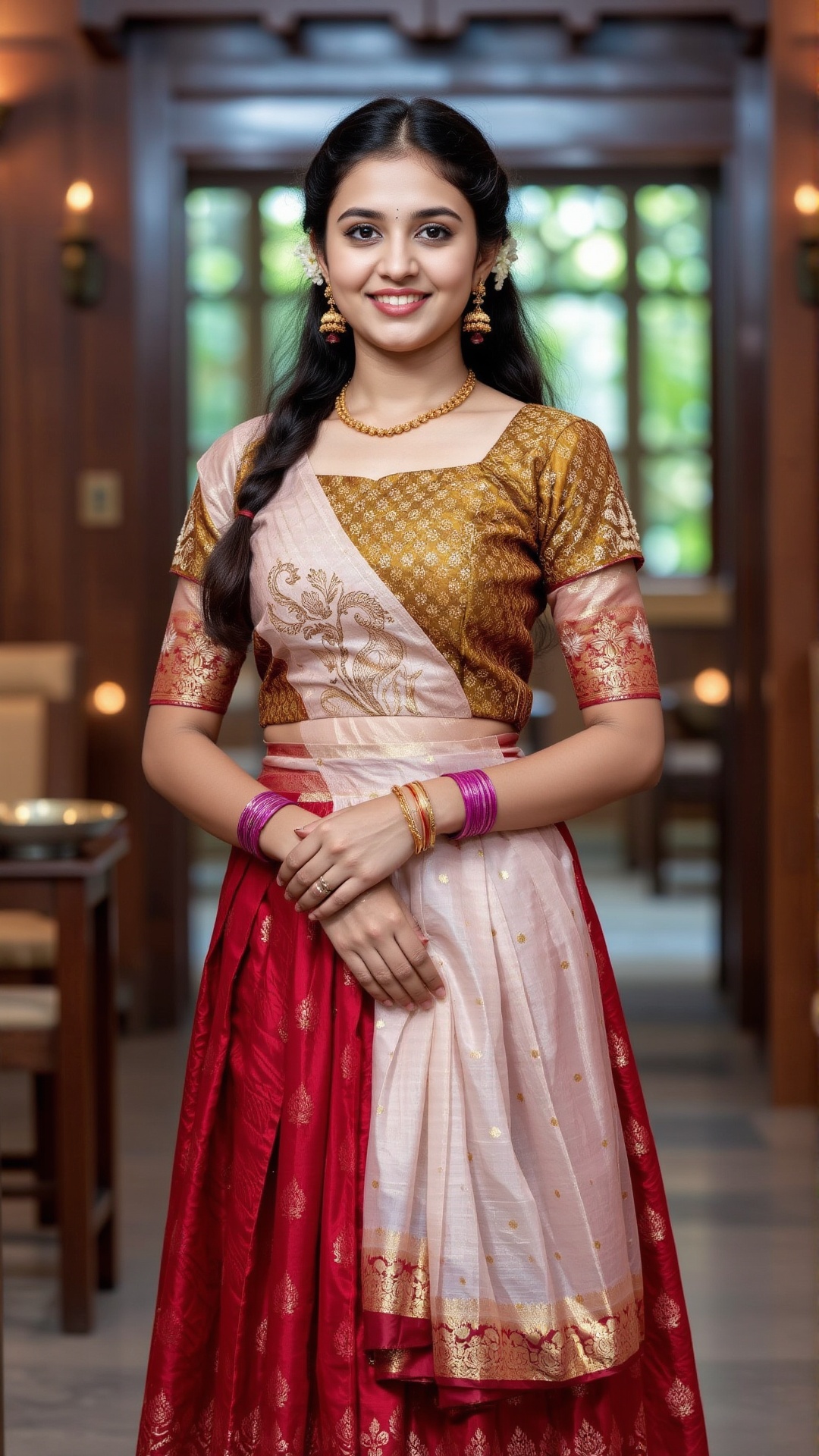 A photorealistic depiction of a traditional Kerala woman wearing a pattu pavadai and blouse during a festive occasion. The...