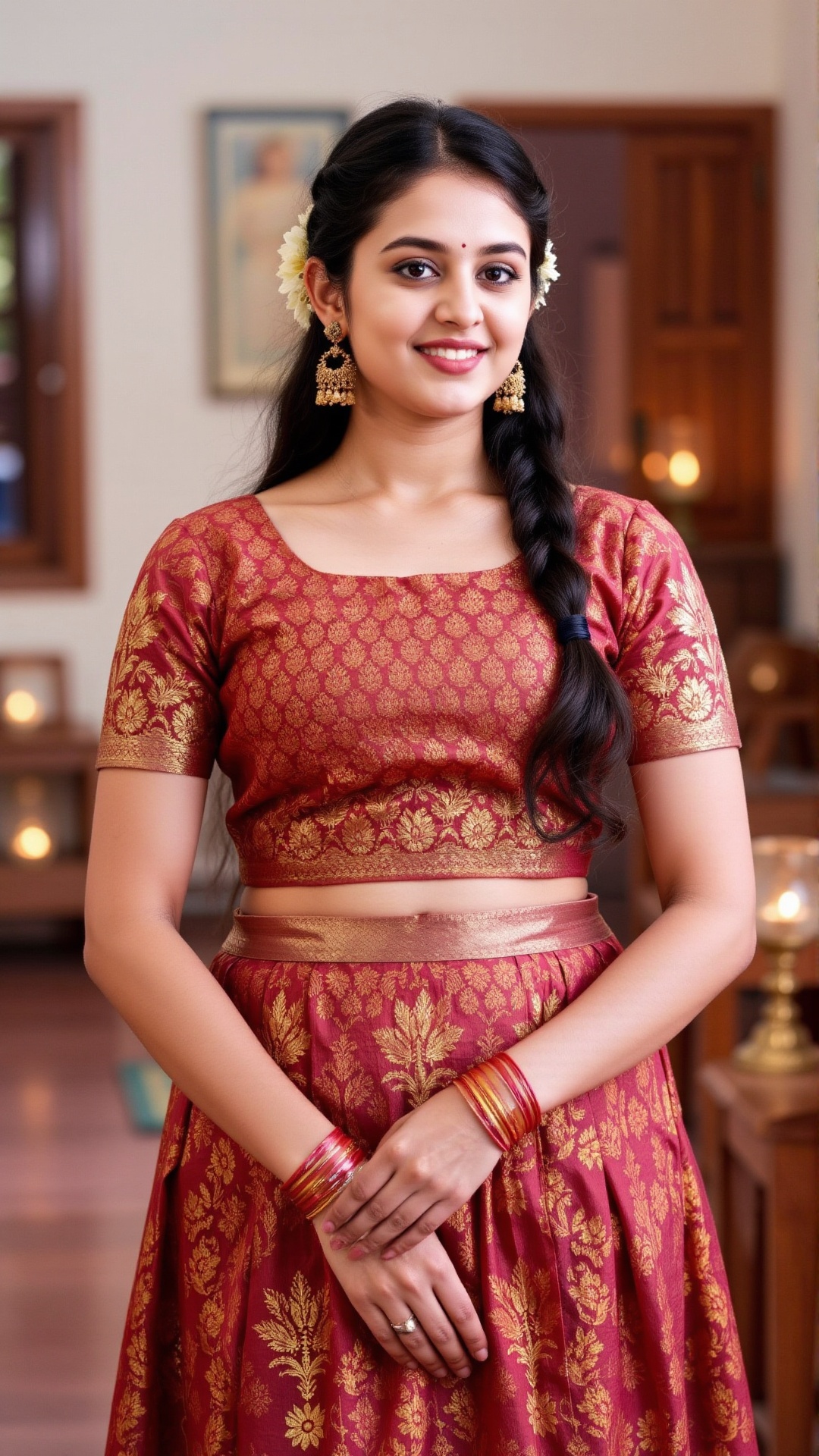 A photorealistic depiction of a traditional Kerala woman wearing a pattu pavadai and blouse during a festive occasion. The...