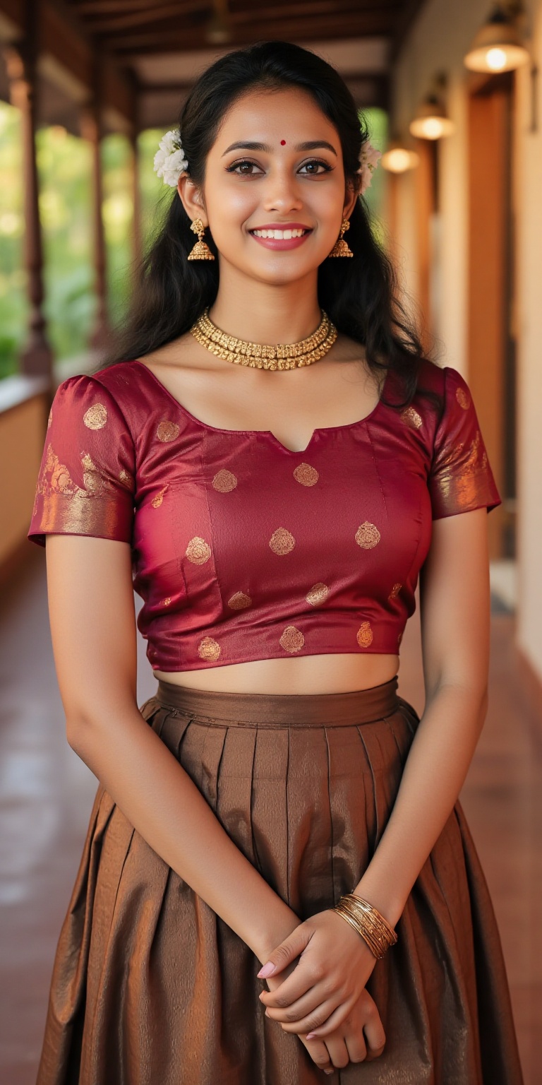 A stunning South Indian woman wearing a traditional pattu pavadai and blouse,  styled for a festive occasion. Her outfit c...