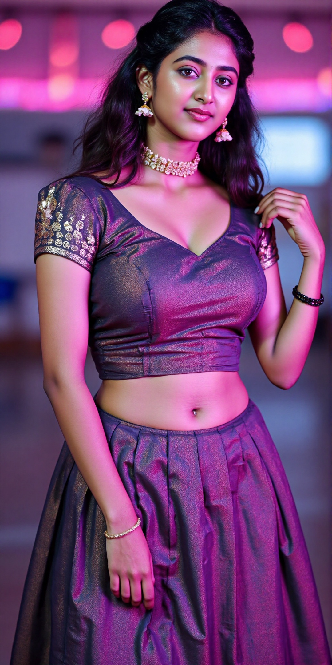 A stunning digital artwork of a 22-year-old Indian actress in a fusion of traditional Kerala pattu pavadai and cyberpunk a...