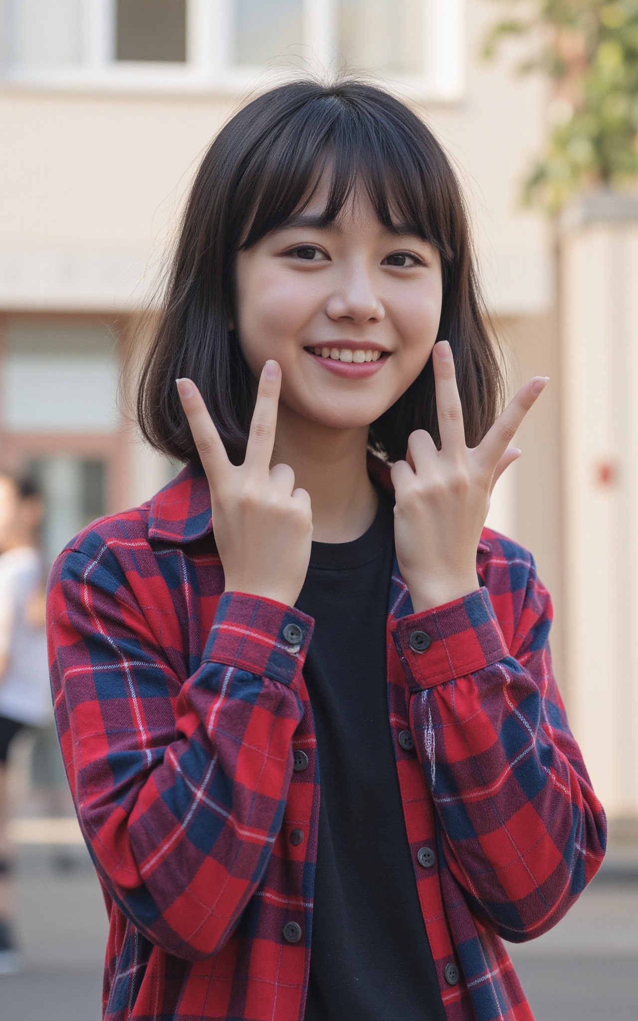 The image is a portrait of a young woman with shoulder-length dark hair and bangs. She is wearing a red and blue plaid shi...