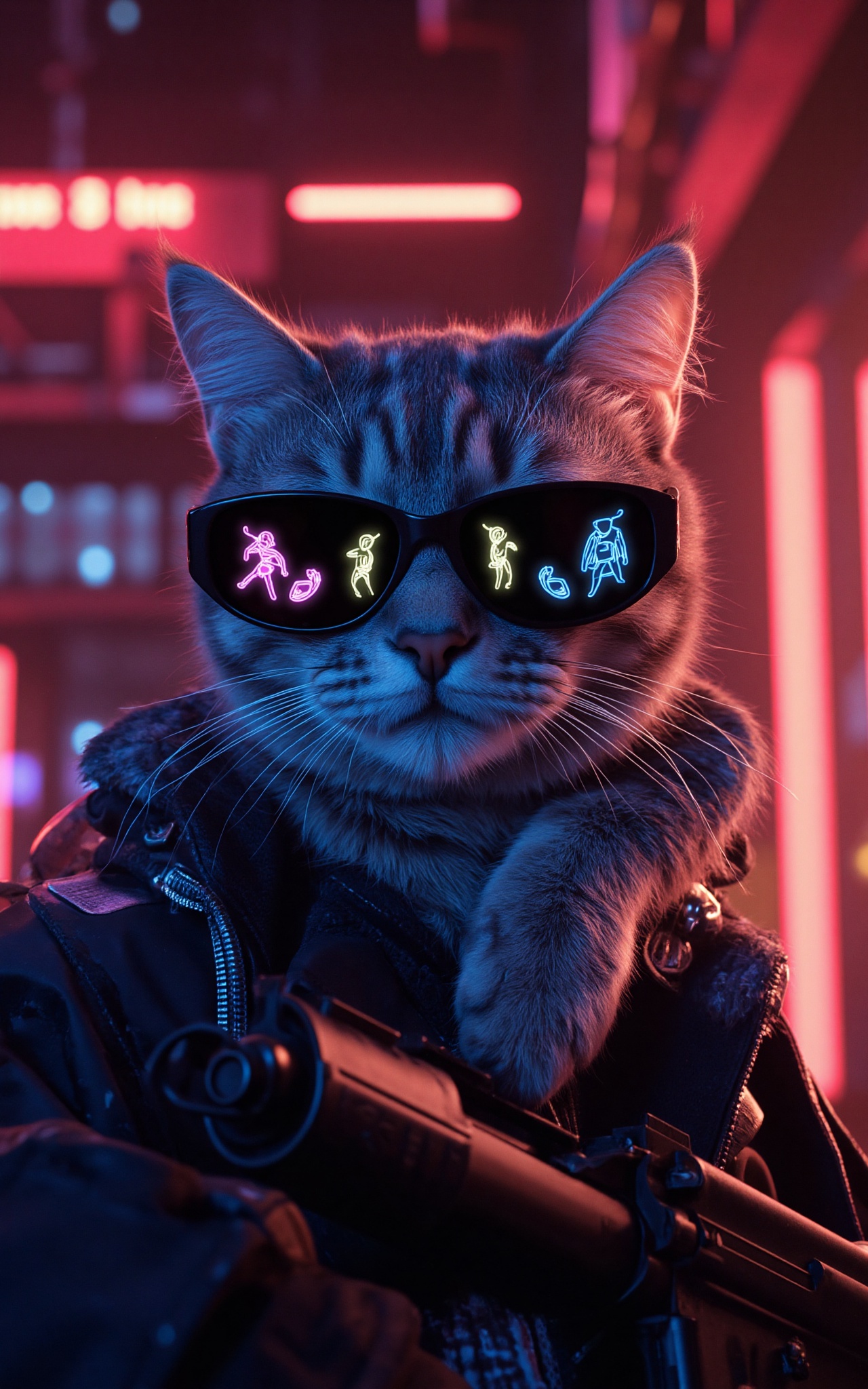 Futuristic,  A cat with a human posture,  wearing sunglasses and holding what appears to be an automatic weapon in front o...