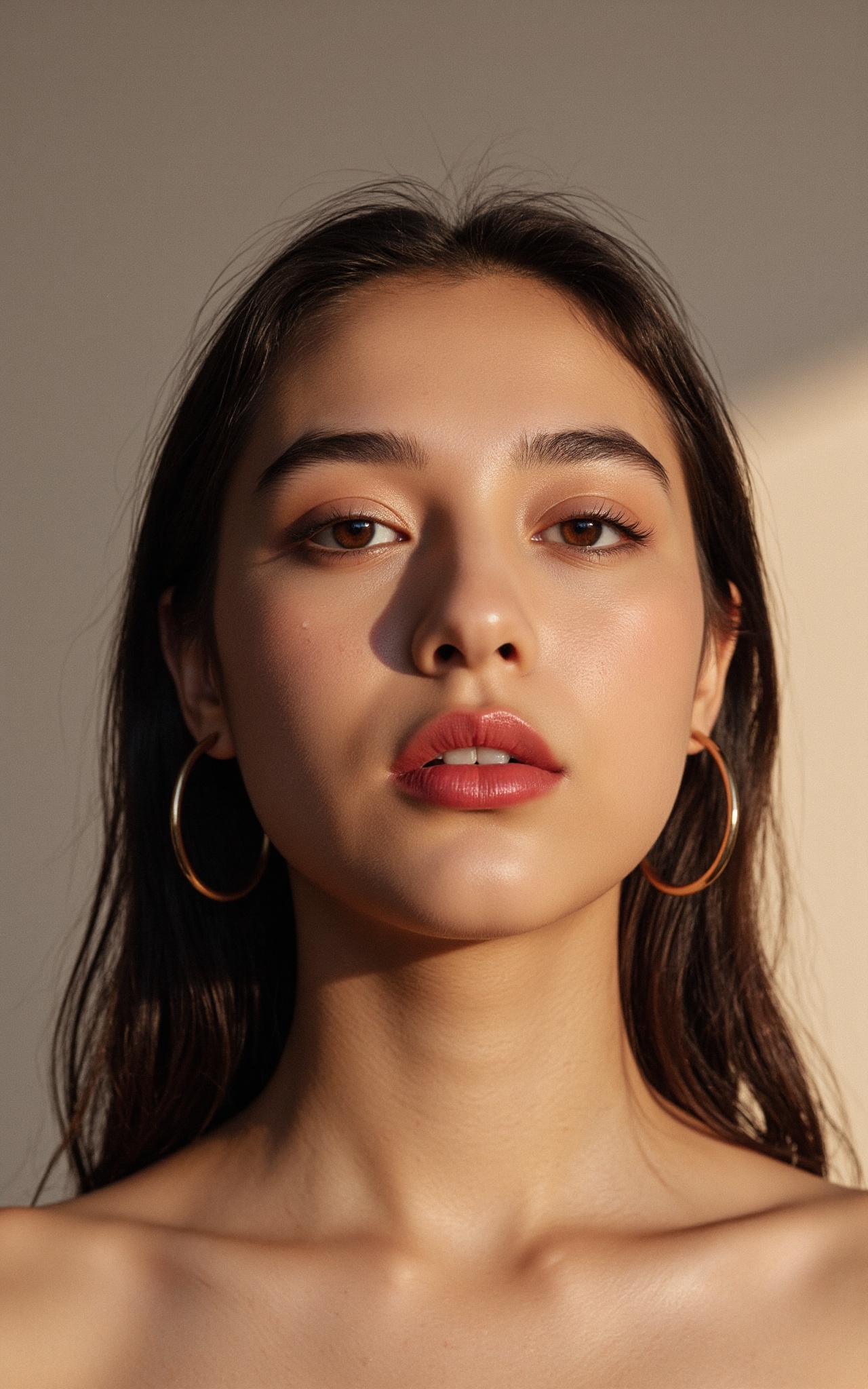 Close-up portrait of a young woman with a light-brown skin tone and a neutral expression. She has a mix of Asian and Weste...