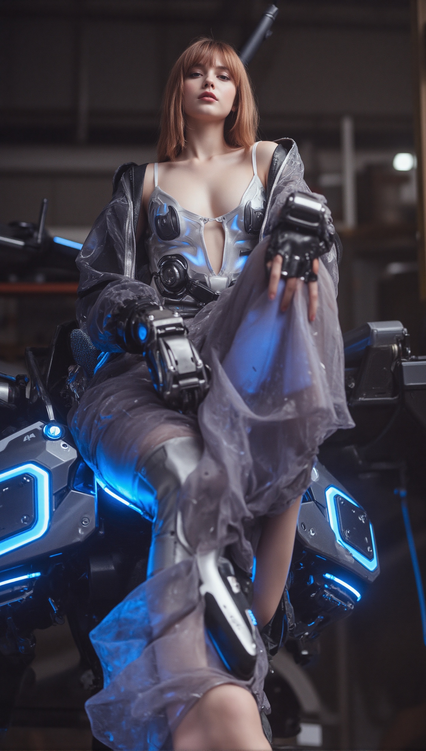 A serene maiden model sitting gracefully on a mecha,  her elegant form contrasting with the mechanical surroundings,  set...