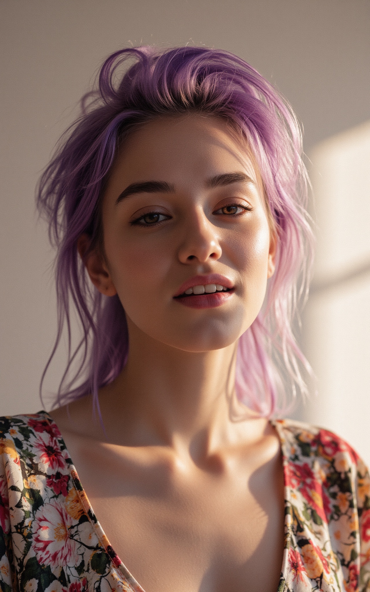 A stunning 8K masterpiece! A beautiful young woman with flawless and purple hair,  high-definition skin shines brightly un...