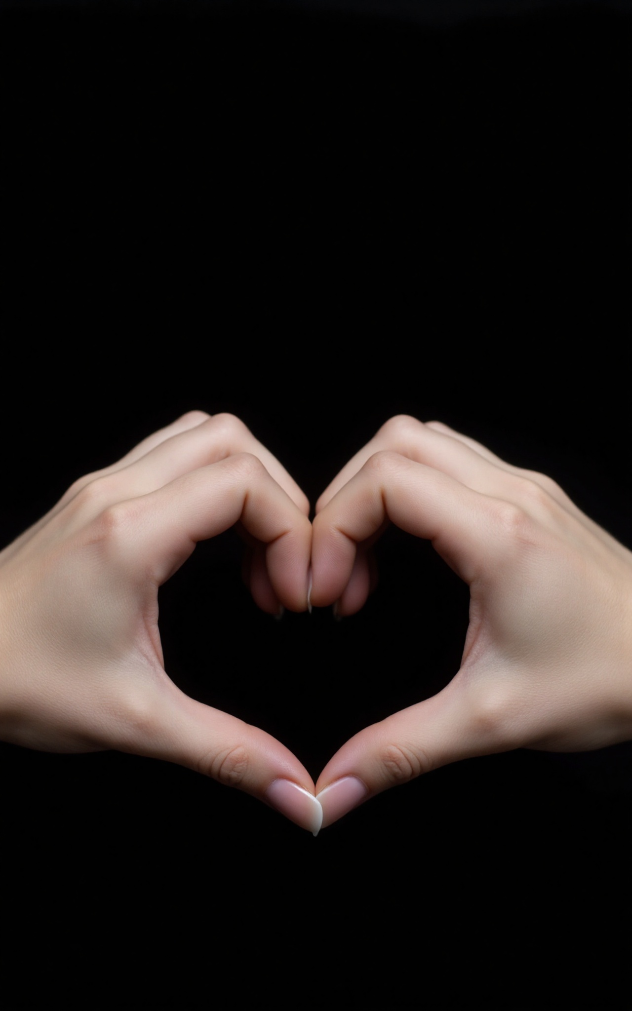 Photorealistic close-up of two hands positioned against a dark background,  forming a heart shape with their fingers. The...