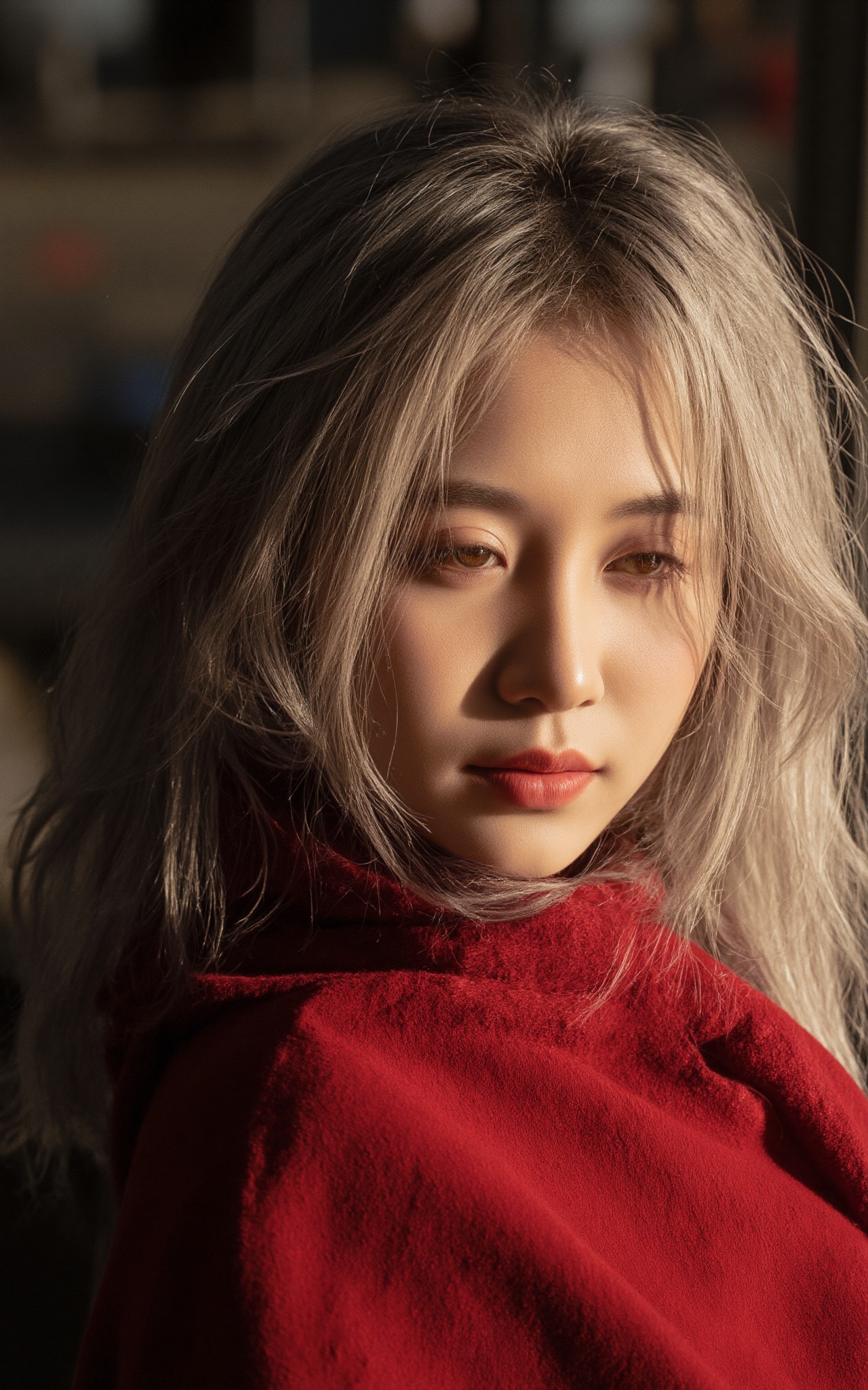 photorealistic of a cute girl in red\(smile,  messy long silver hair\),  detailed skin and face on Tensor.Art