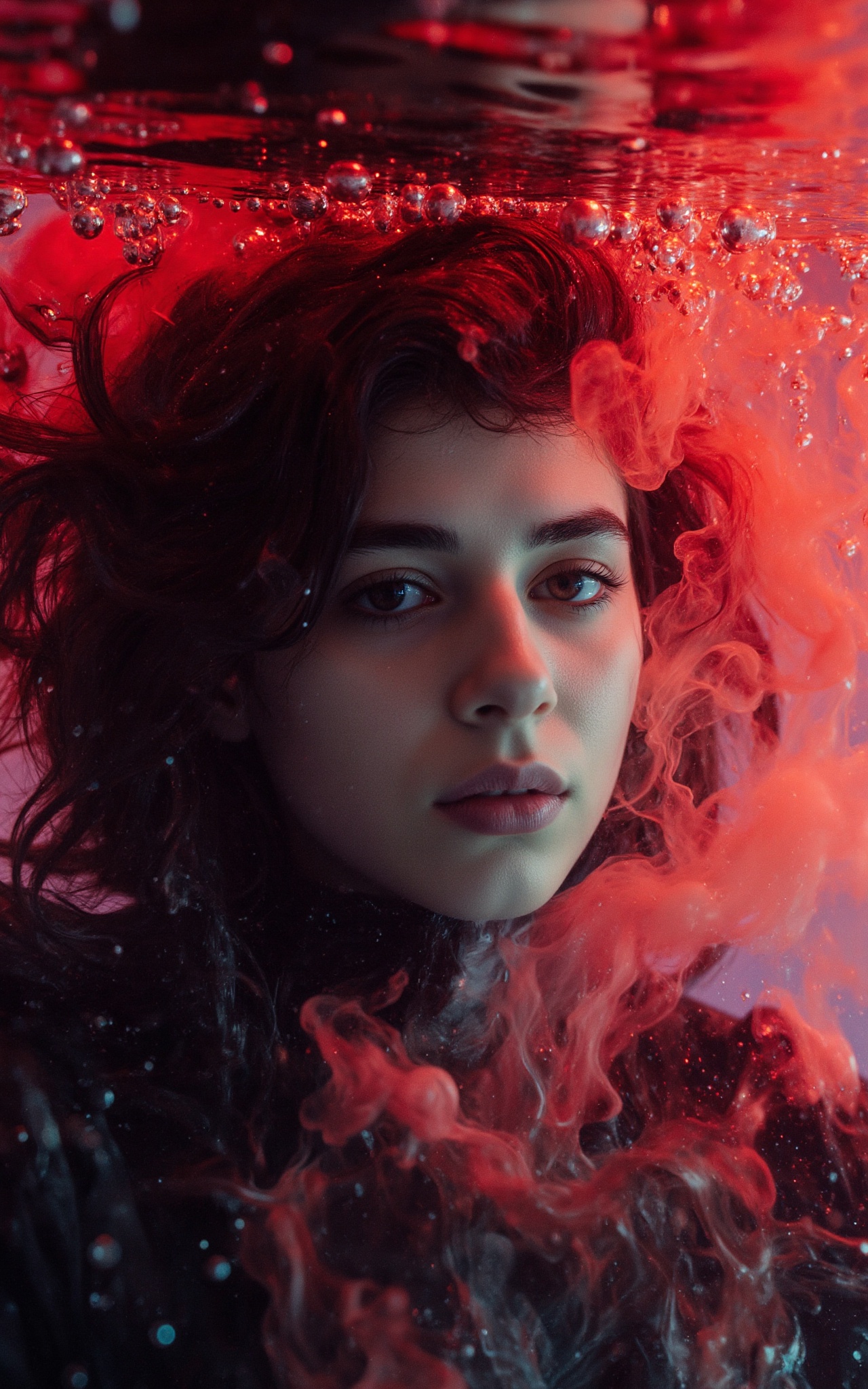 a portrait of a 21yo beautiful hubgwomen submerged,  with streams of red and black ink swirling around them,  resembling b...