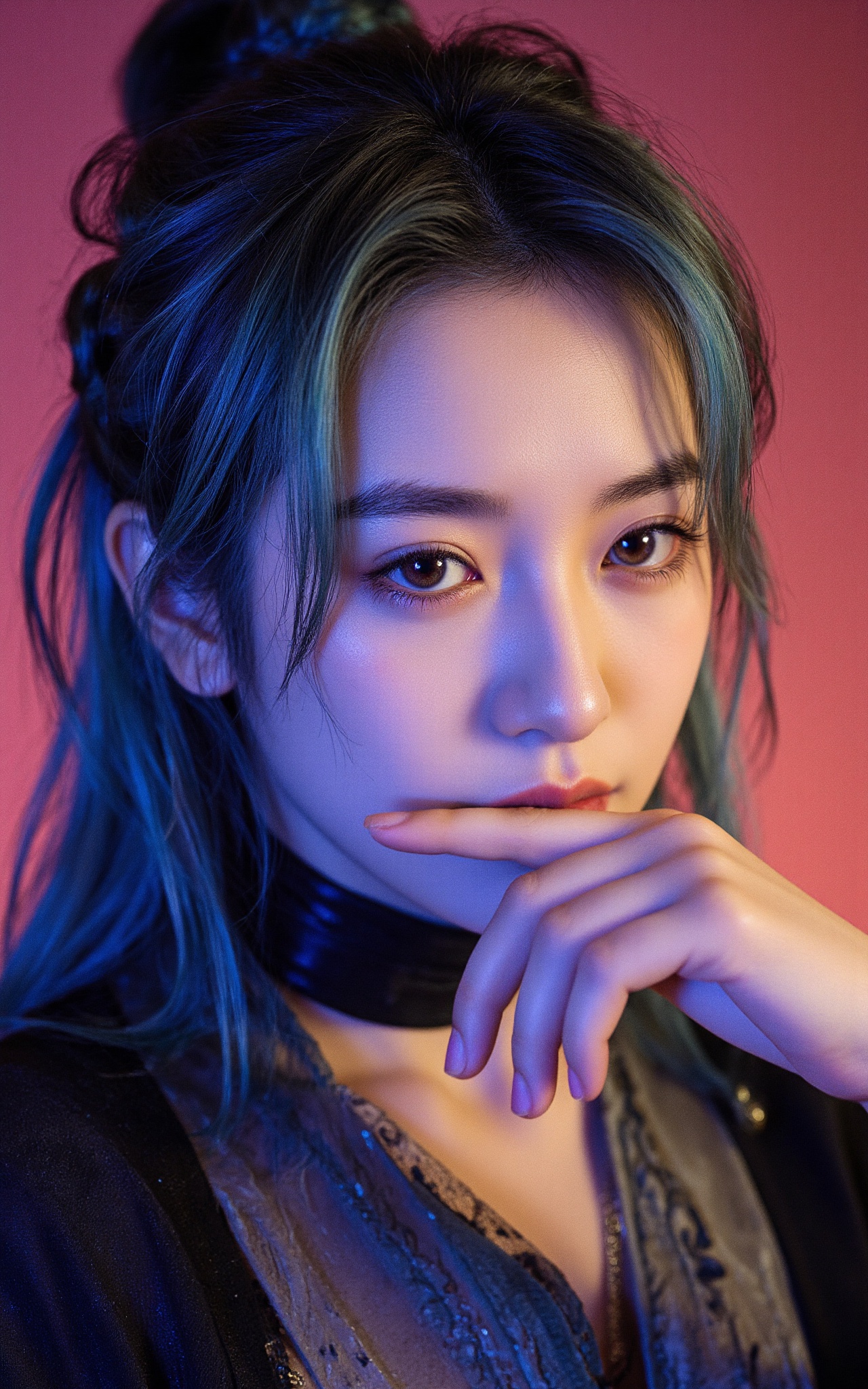 an ultra-realistic portrait of a blue-green gradient-haired chinese beauty girl with intense purple eyes and fingers touch...