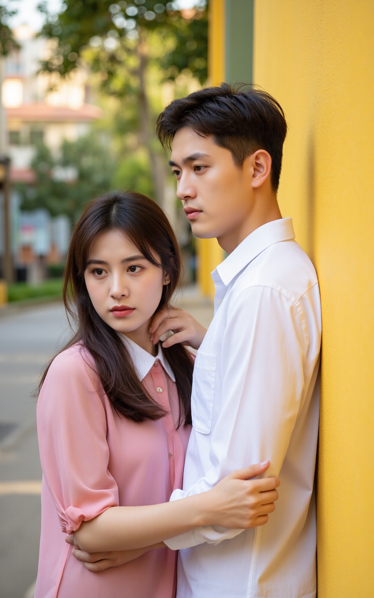 The image is a portrait of a young beautiful couple standing close together in front of a yellow wall. The man is on the r...