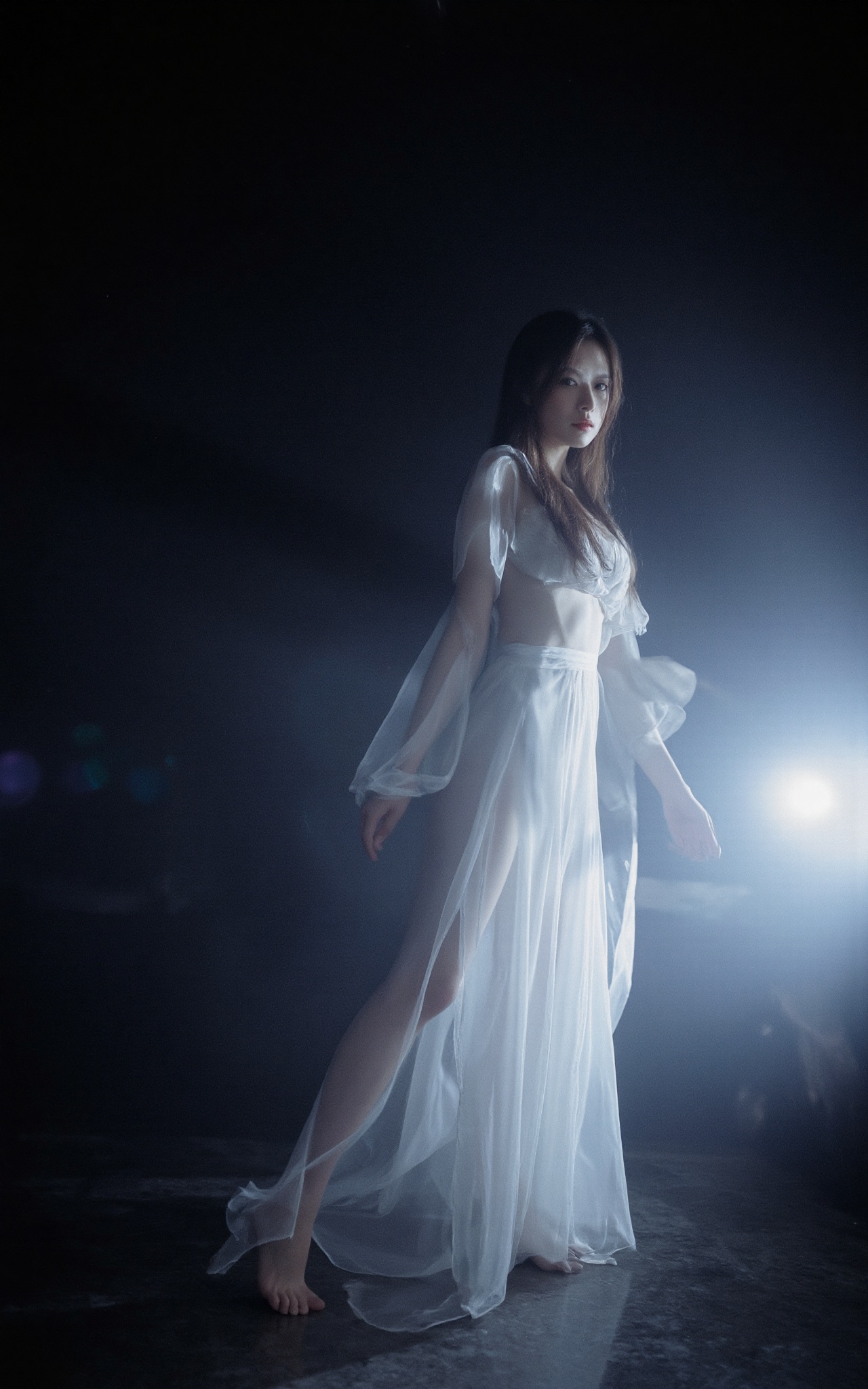 In this artistically charged portrait photograph,  a Chinese woman adorned in a white gauze dress finds herself immersed i...