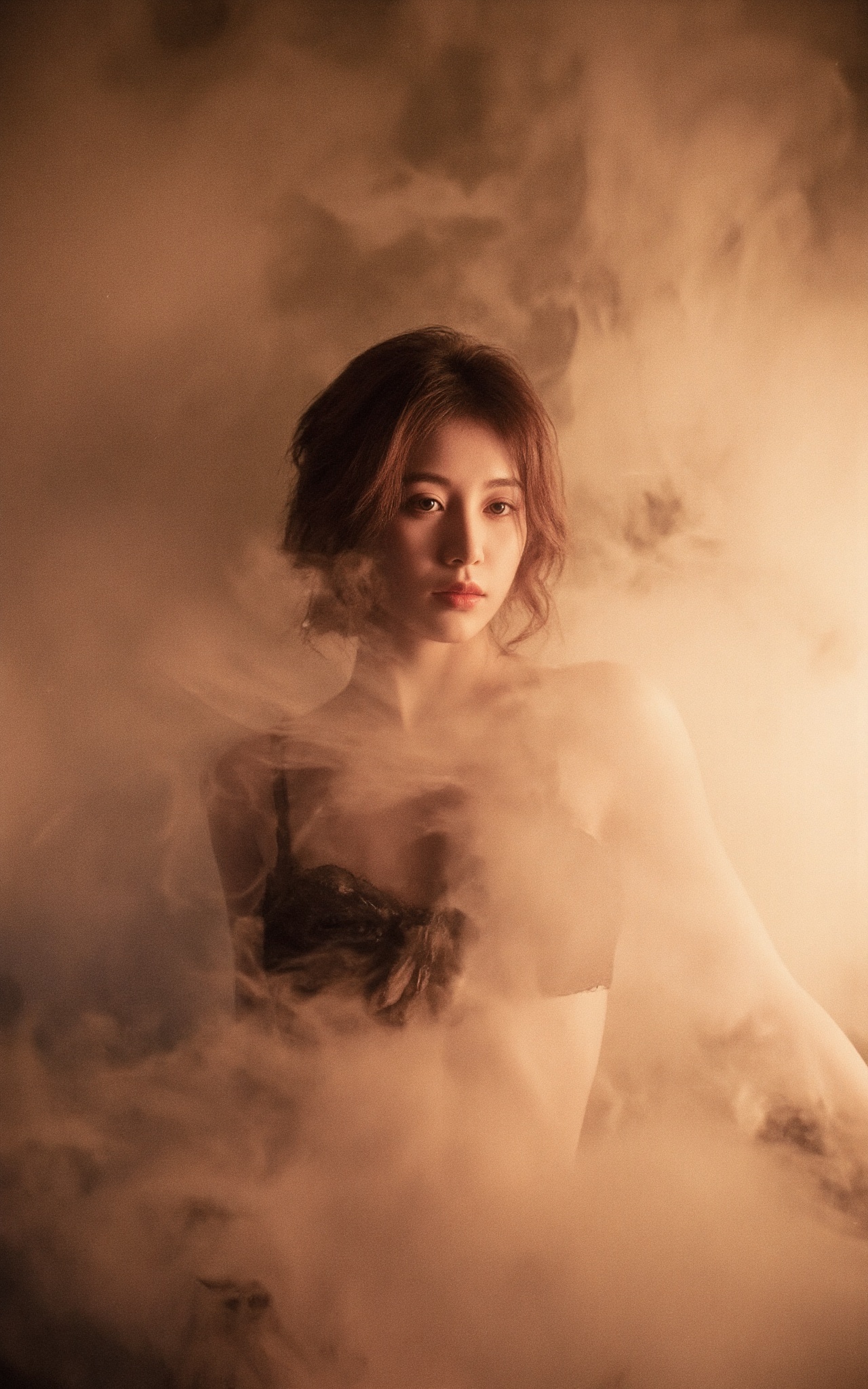 A sultry hubggirl materializes from a dreamy mist,  illuminated by the soft,  warm tone of Kodak film. Cinematic lighting...