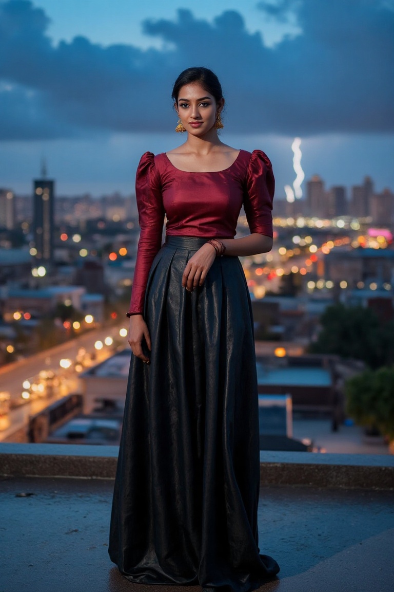 A fierce woman draped in a sleek,  high-gloss black leather saree that wraps tightly around her hourglass figure,  exuding...