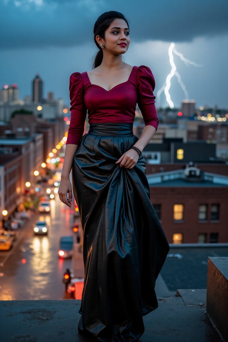 A fierce woman draped in a sleek,  high-gloss black leather saree that wraps tightly around her hourglass figure,  exuding...