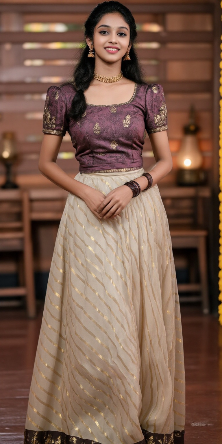 A photorealistic depiction of a traditional Kerala woman wearing a pattu pavadai and blouse during a festive occasion. The...