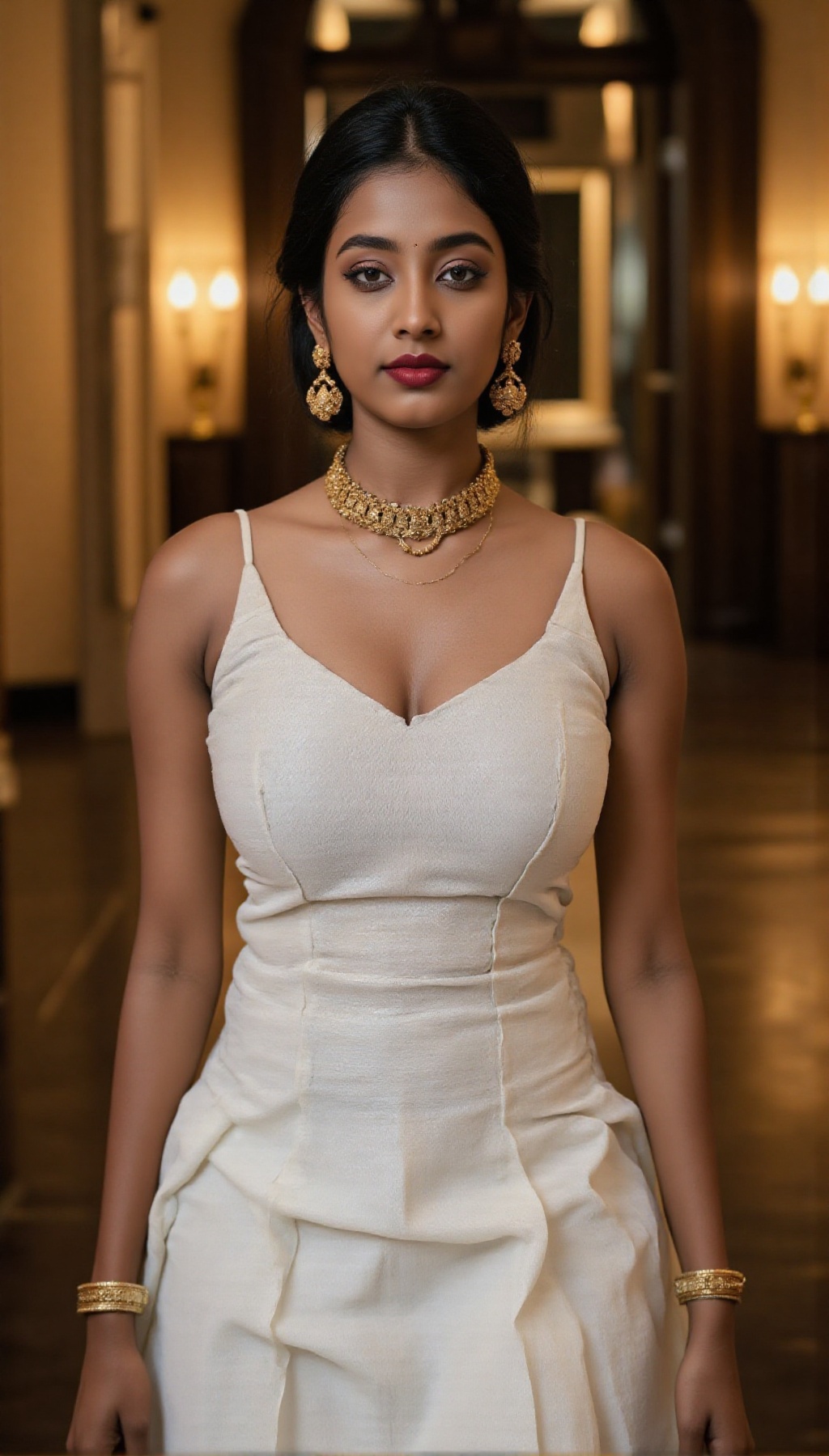 A cinematic portrait of a woman with extreme matte black skin,  her hourglass figure draped in a translucent white saree t...