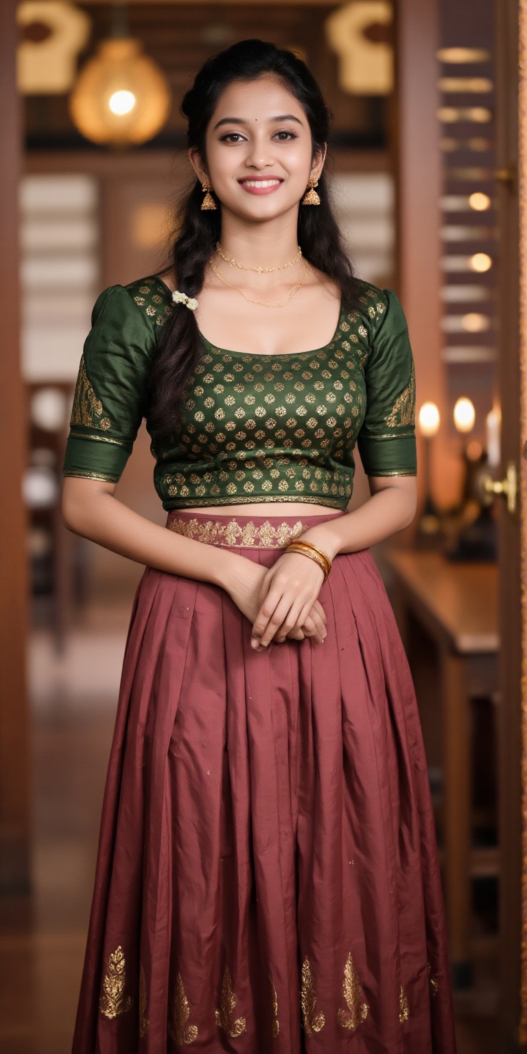 A photorealistic depiction of a traditional Kerala woman wearing a pattu pavadai and blouse during a festive occasion. The...