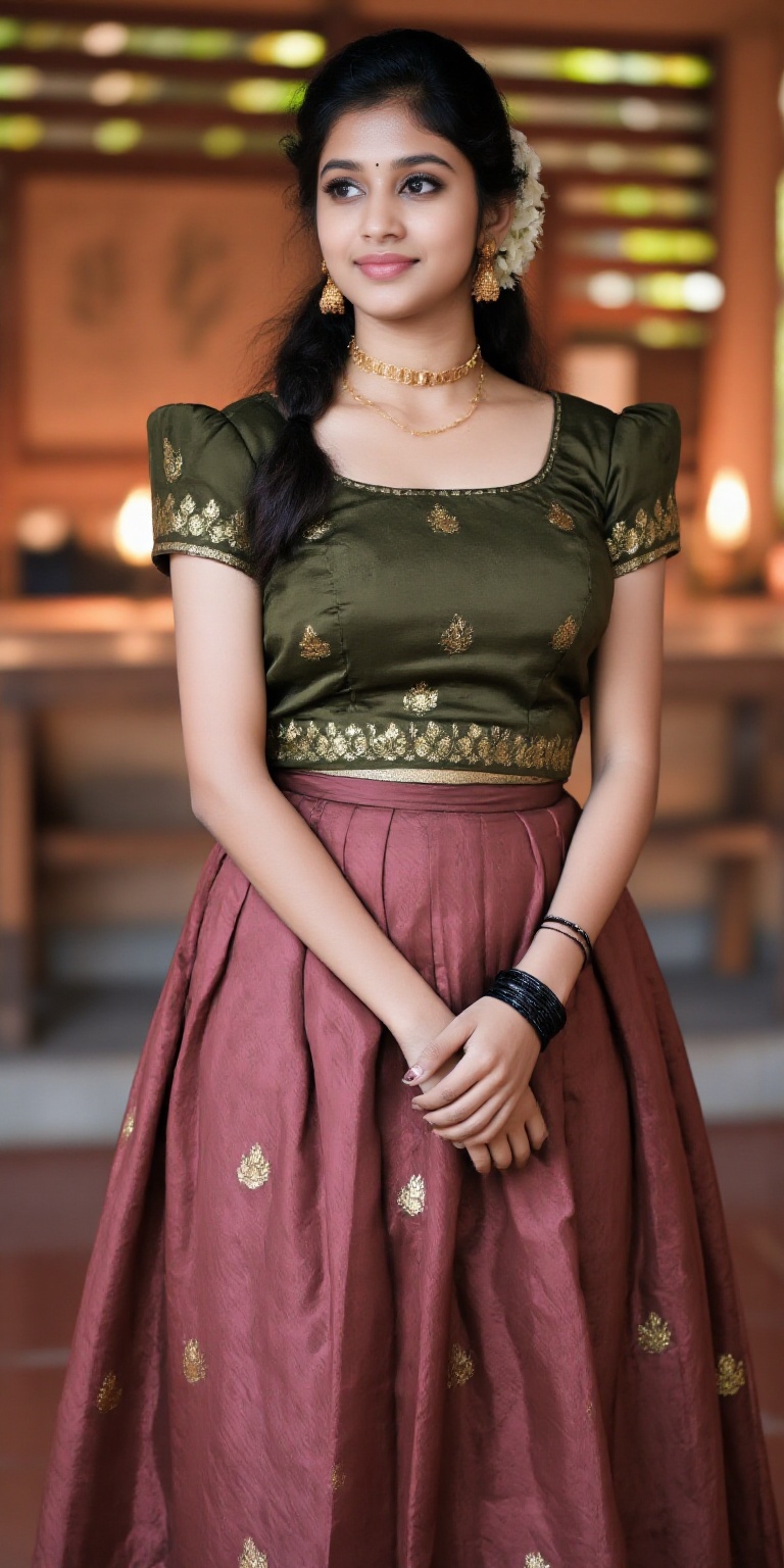 A photorealistic depiction of a traditional Kerala woman wearing a pattu pavadai and blouse during a festive occasion. The...