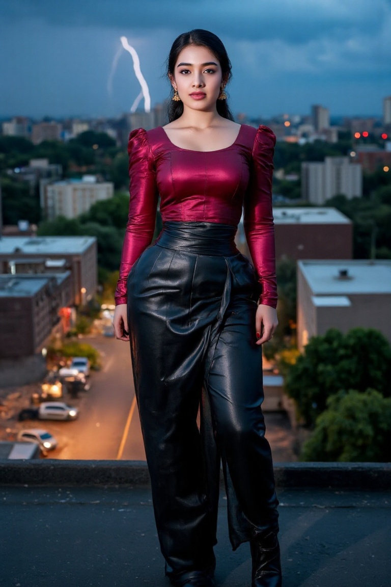 A fierce woman draped in a sleek,  high-gloss black leather saree that wraps tightly around her hourglass figure,  exuding...