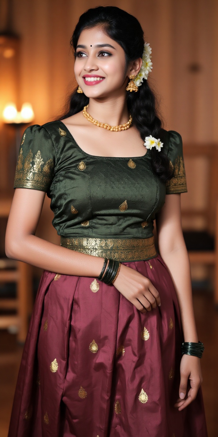 A photorealistic depiction of a traditional Kerala woman wearing a pattu pavadai and blouse during a festive occasion. The...