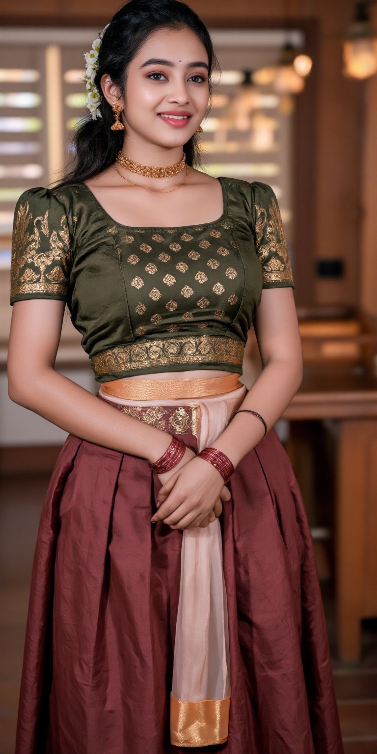 A photorealistic depiction of a traditional Kerala woman wearing a pattu pavadai and blouse during a festive occasion. The...