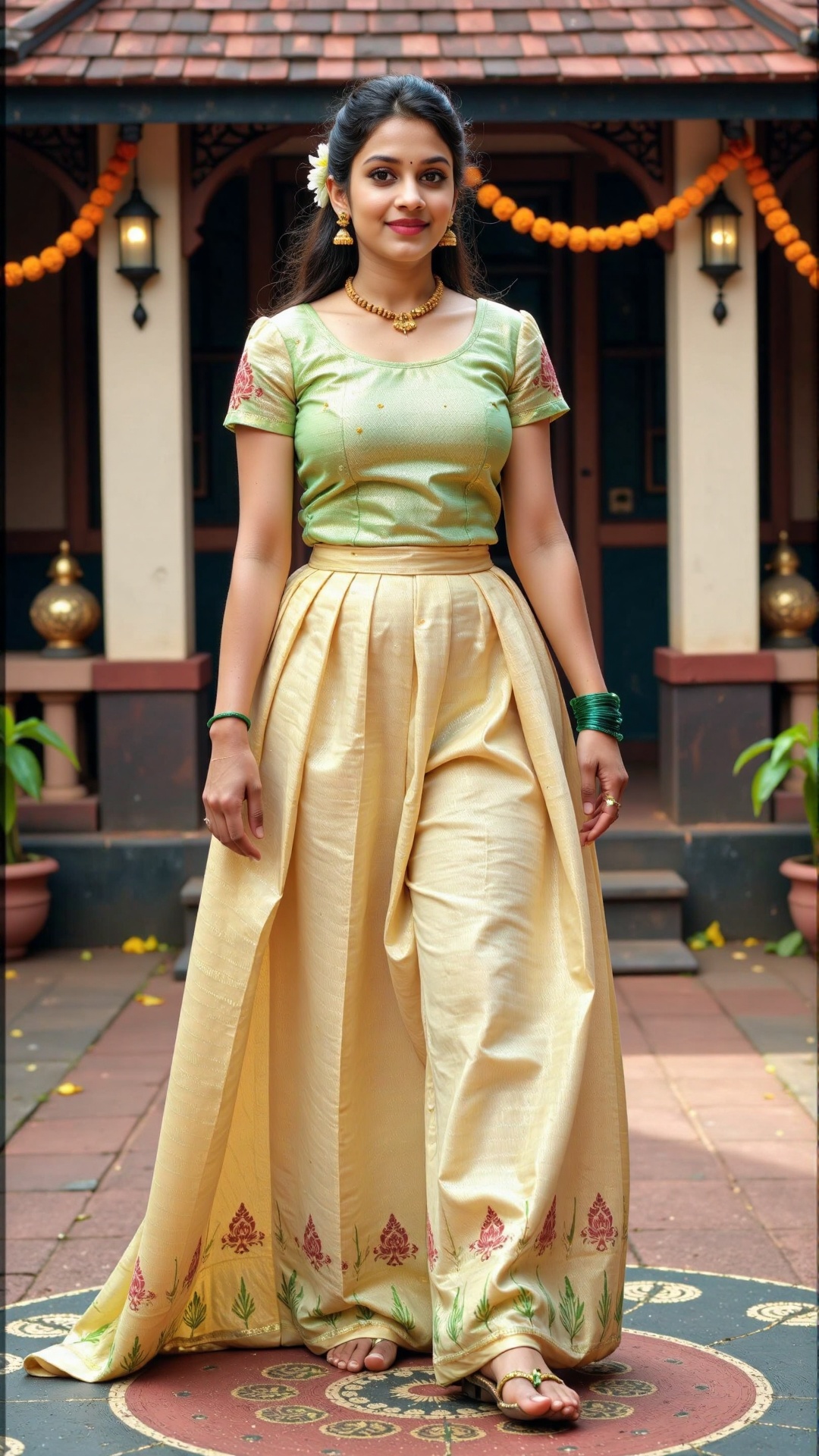 A full-body artwork of a Kerala woman wearing a pattu pavadai ensemble: a golden silk skirt with red and green patterns,...
