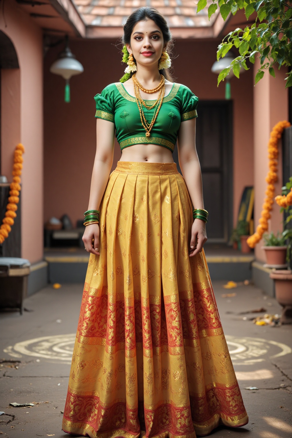 A highly detailed full-body artwork of a traditional Kerala woman wearing a stunning pattu pavadai ensemble. The golden si...
