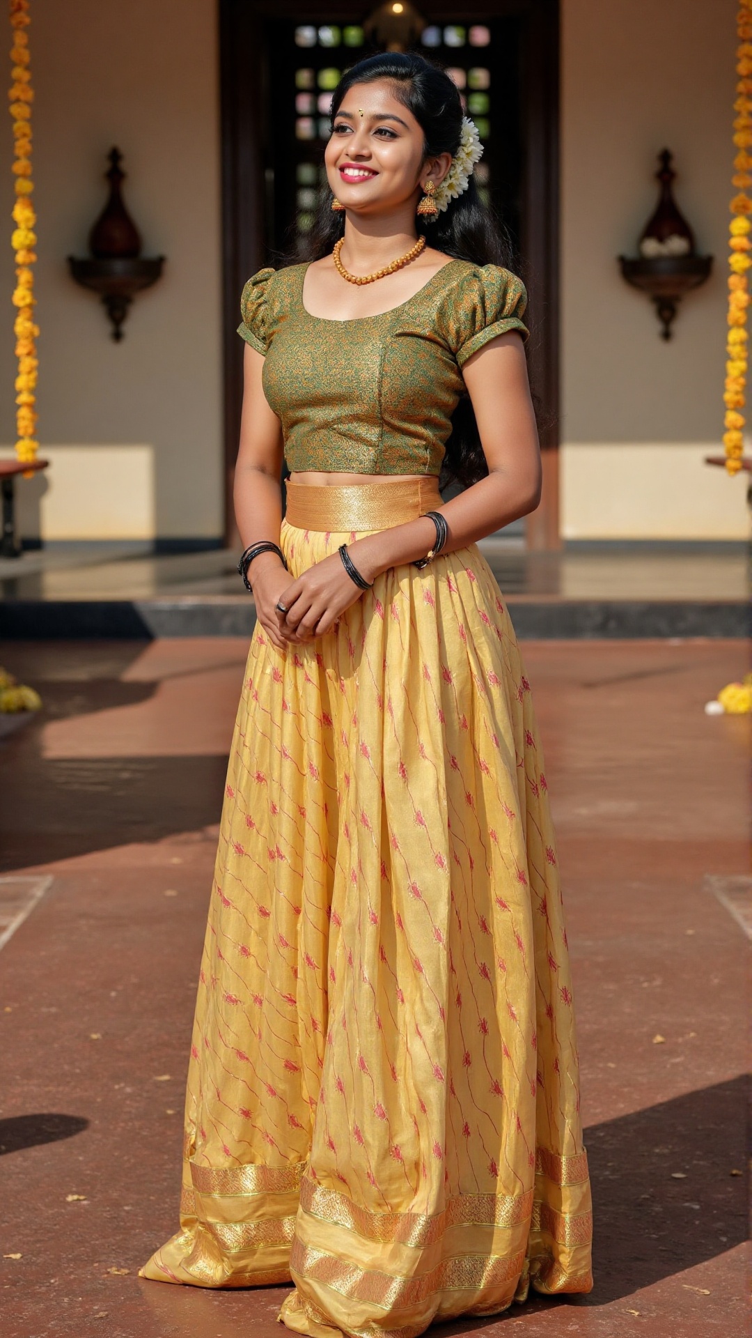 A full-body artwork of a Kerala woman wearing a pattu pavadai ensemble: a golden silk skirt with red and green patterns,...