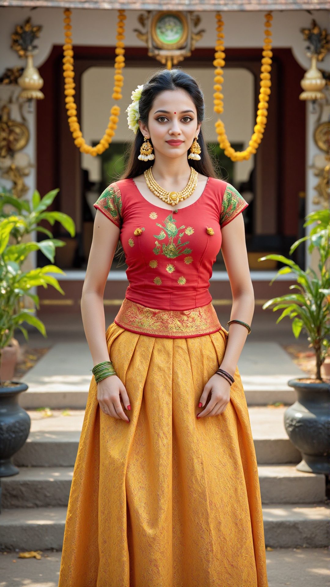 A highly detailed full-body artwork of a traditional Kerala woman wearing a stunning pattu pavadai ensemble. The golden si...