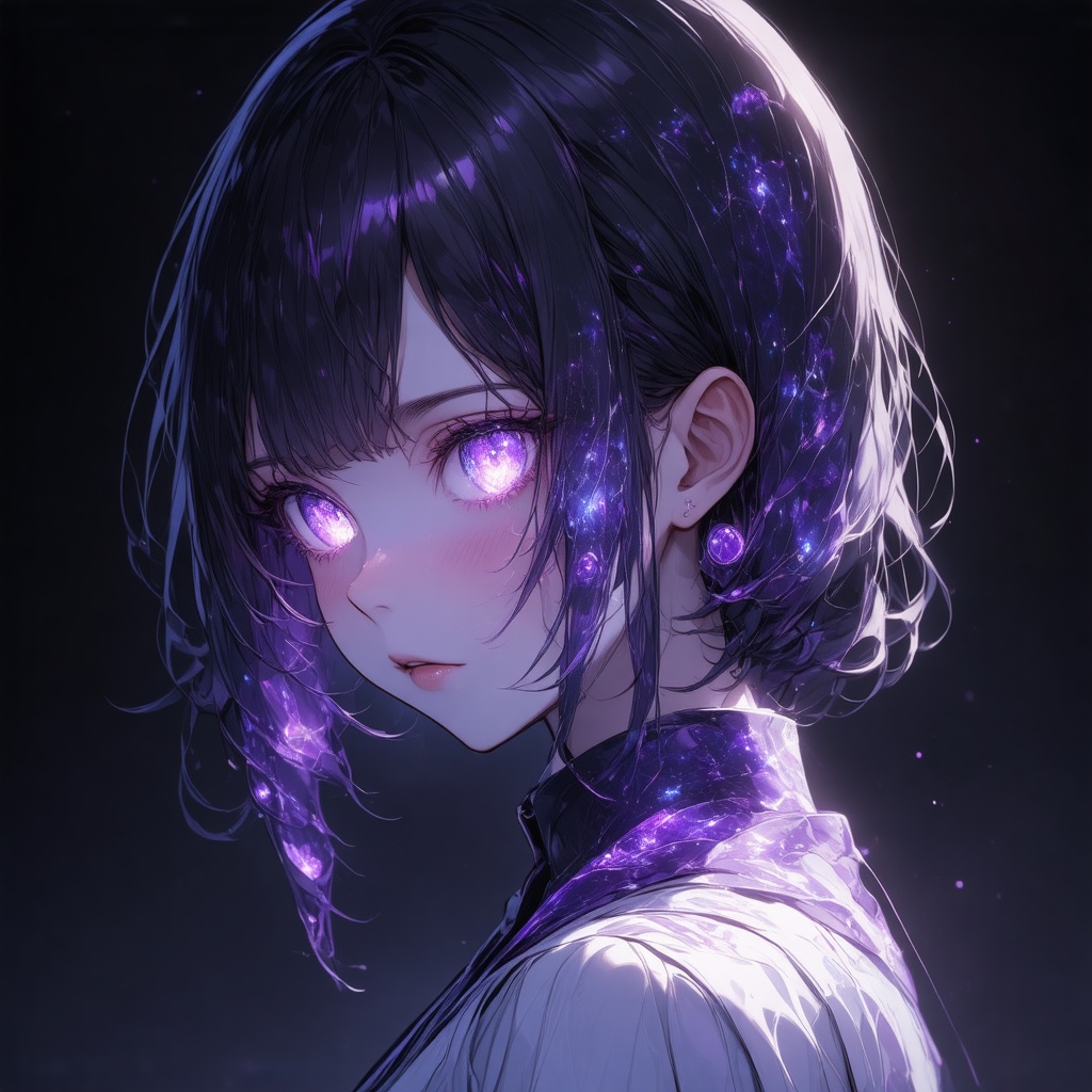 In a shot framed by a deep,  inky blackness,  a single girl stands out with piercing purple eyes that shimmer like opals....