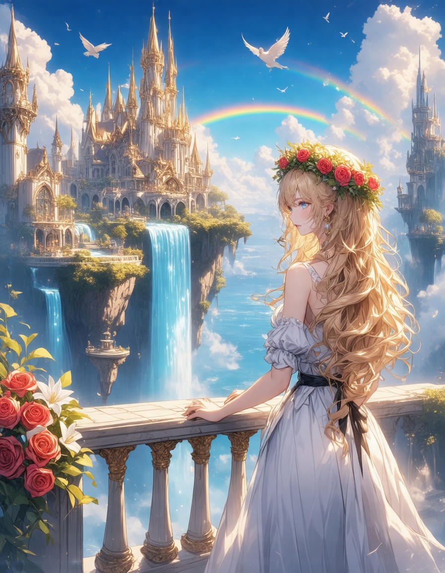 In this breathtaking scene,  a lovely maiden with flowing blonde locks and sparkling blue eyes,  reminiscent of the sky ab...