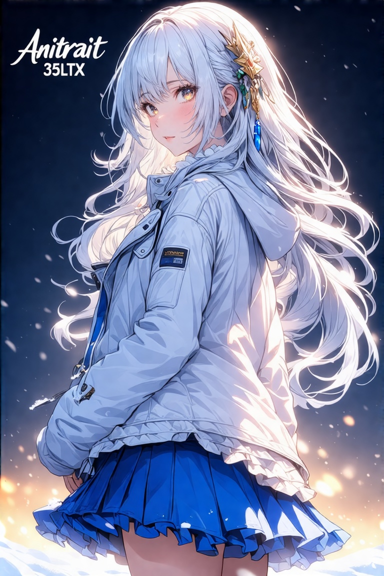 anime artwork by ry012,  A vibrant girl with snowy white hair cascading down her back,  adorned with delicate bangs and an...