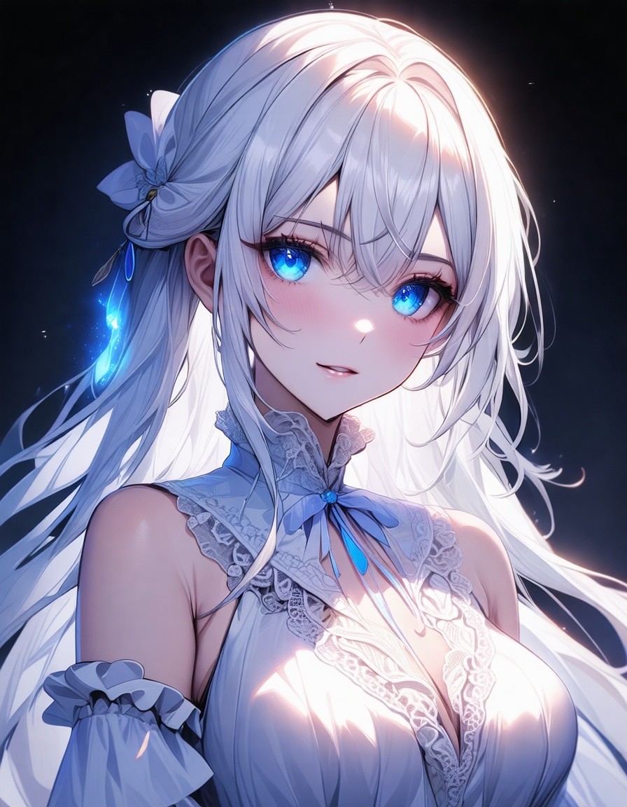 ry012's artwork features a portrait of a girl with fair skin,  vibrant blue eyes,  and long white hair that frames her fac...