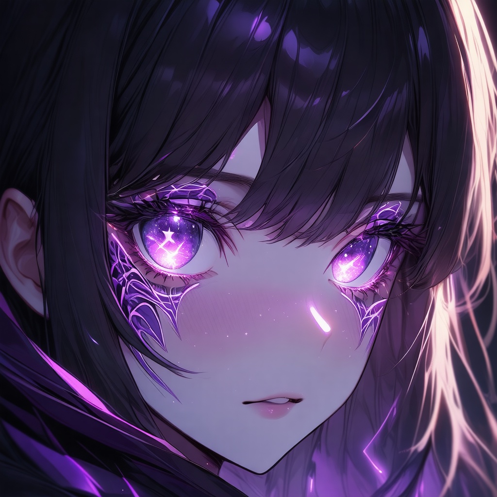 Create an artwork in the style of ry012 featuring a single girl with piercing purple eyes,  showcasing intricate patterns...