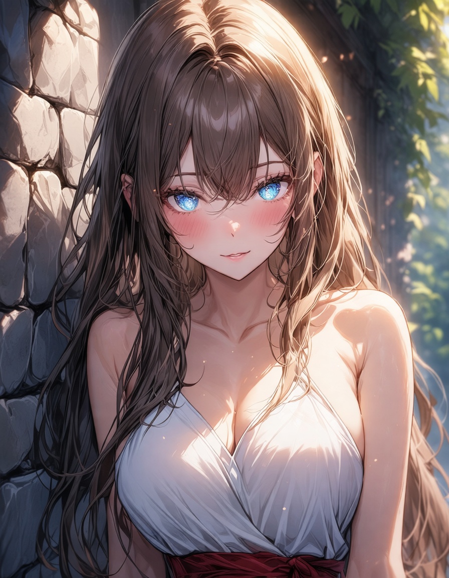 A soft focus captures the gentle gaze of a young woman,  her long hair softly framing her heart-shaped face as she leans a...