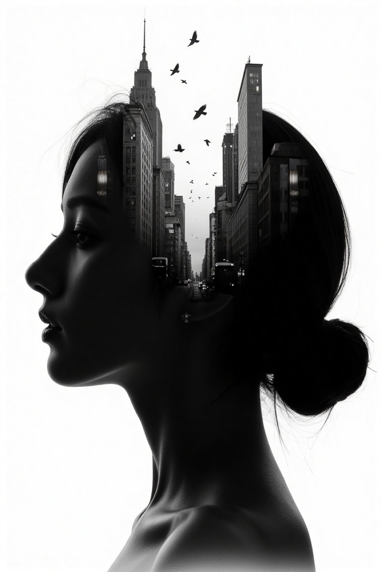 silhouette of woman's head,  within which there appears to be a cityscape with buildings. (birds FLY BETWEEN BUILDINGS,  I...