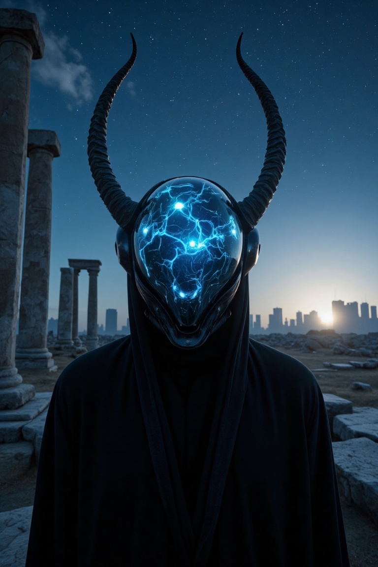 Cinematic,  futuristic scene featuring a close-up portrait of a mysterious figure wearing a dark,  flowing robe. The figur...