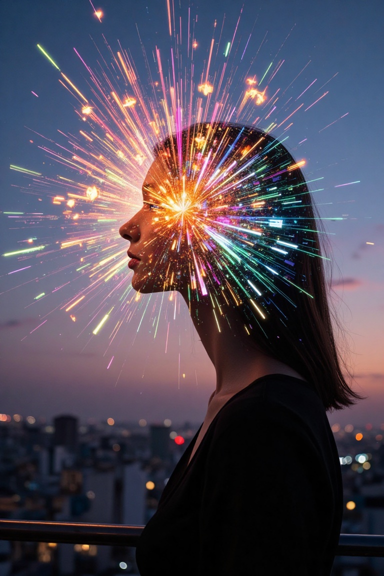 A surreal and glitch-inspired depiction of a figure with their head dissolving into a vibrant explosion of colorful light...