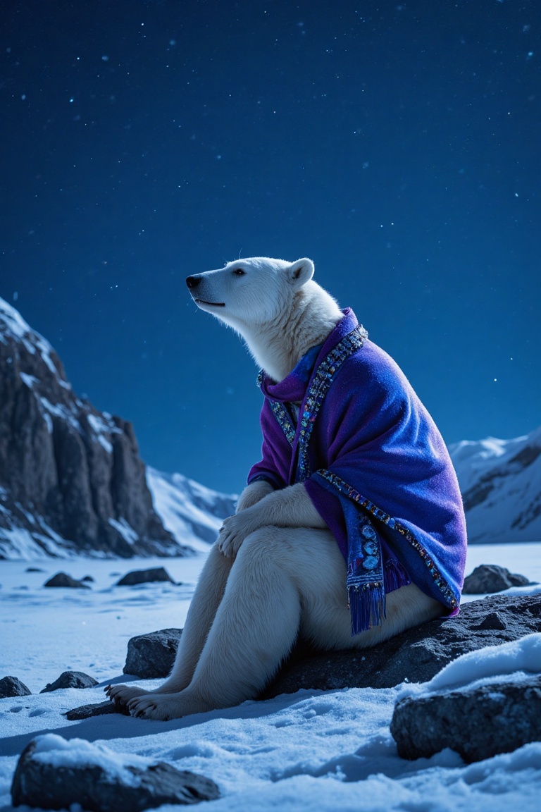 In this captivating realistic shot,  an anthropomorphic polar bear dressed in a richly textured,  jewel-toned shawl sits c...
