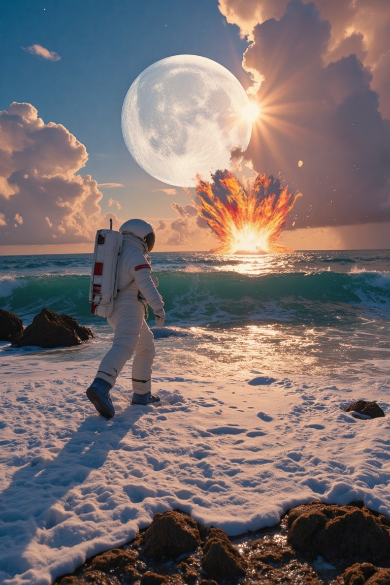 astronaut walking on sunshine,  vfx explosions in the background by john carpenter and michael bay,  parting the sea on Te...