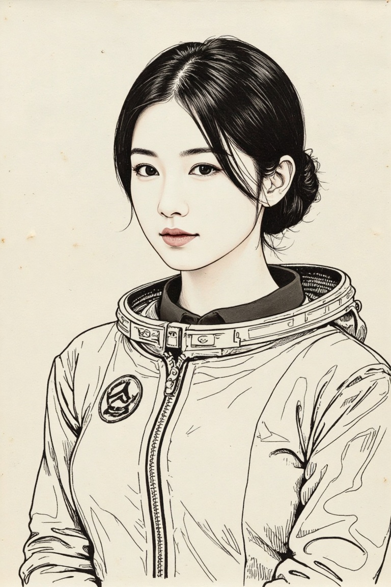 illustration of Japanese woman 1960s Astronaut in style of ink sketch on construction paper. ((intricate paper texture)) o...