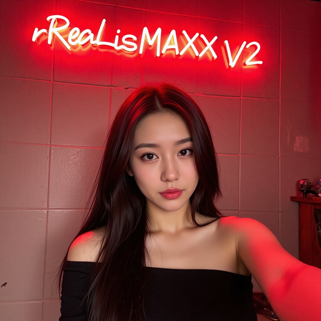 a woman v posing,  there is red neon with text "rReaLisMAXX V2" ,  a pov of taking an instagram selfie a cute woman on Ten...