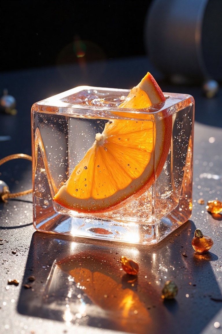 3D render,  realistic,  shining orange slice inside faceted ice cube on Tensor.Art