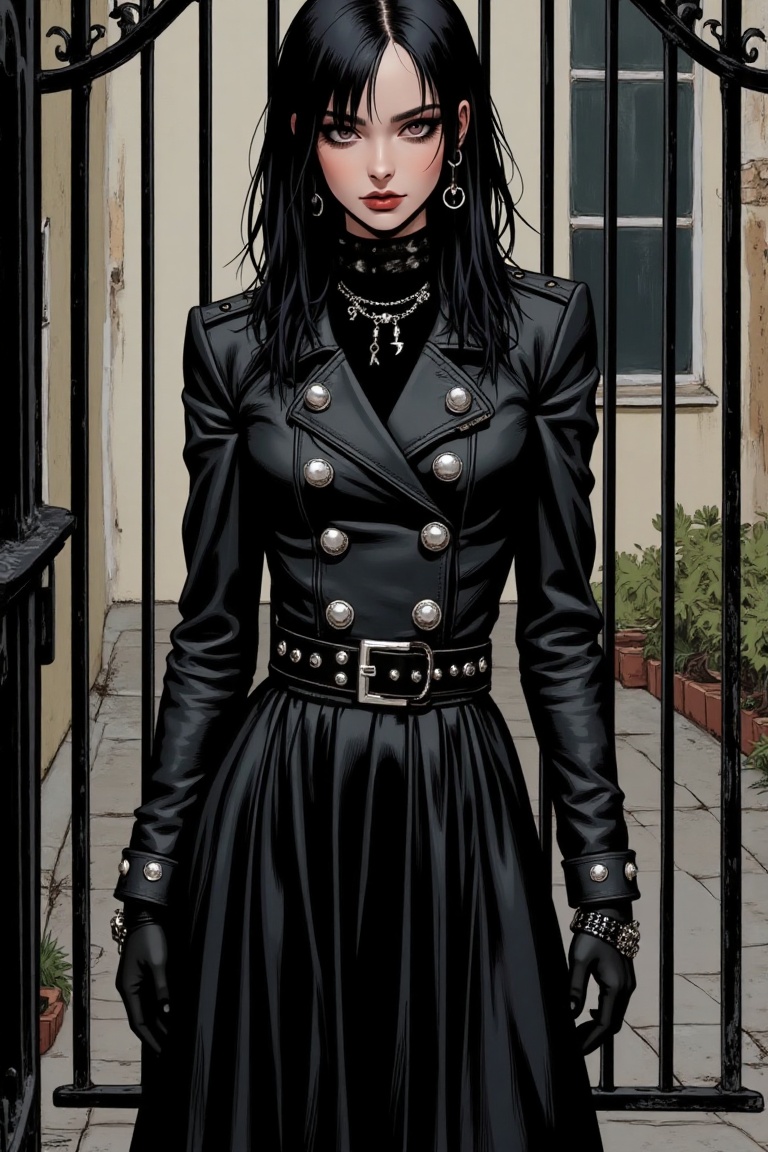 "Illustration of a punk gothic woman wearing a leather jacket with oversized silver buttons,  paired with a maxi skirt,  s...